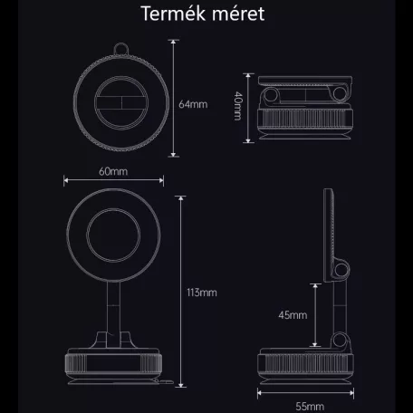 Enja® univerzális mobiltelefontartó, MagSafe kompatibilis,szélvédőre és műszerfalra alkalmas, vákuumos tapadókoronggal, 360°-ban forgatható, fekete
