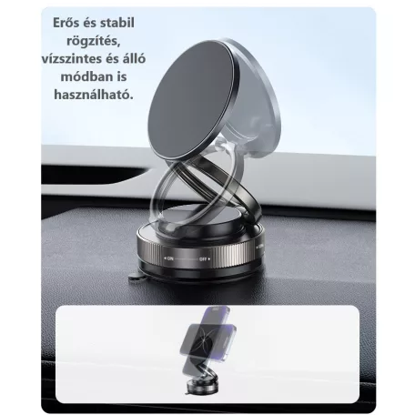 Enja® Mágneses mobiltelefontartó, univerzális vákuumos tapadókoronggal, MagSafe kompatibilis, szélvédőre és műszerfalra alkalmas, 360°-ban forgatható, fekete