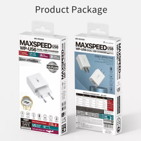 WEKOME® USB hálózati töltő adapter, 10W, 2 port, túlterhelés elleni védelem, fehér