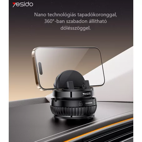 Yesido® autós mobiltelefontartó, szélvédőre és műszerfalra alkalmas, vákuumos tapadókoronggal, 360°-ban forgatható, fekete