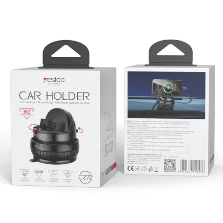 Yesido® autós mobiltelefontartó, szélvédőre és műszerfalra alkalmas, vákuumos tapadókoronggal, 360°-ban forgatható, fekete