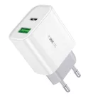 WEKOME® USB hálózati töltő adapter, 20W gyorstöltés, 1xUSB-A kimenet, 1xUSB-C kimenet, túlterhelés elleni védelem, fehér