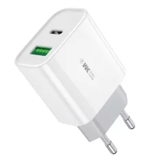   WEKOME® USB hálózati töltő adapter, 20W gyorstöltés, 1xUSB-A kimenet, 1xUSB-C kimenet, túlterhelés elleni védelem, fehér
