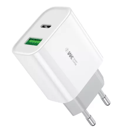 WEKOME® USB hálózati töltő adapter, 20W gyorstöltés, 1xUSB-A kimenet, 1xUSB-C kimenet, túlterhelés elleni védelem, fehér
