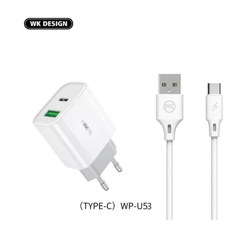 WEKOME® USB hálózati töltő adapter, 20W gyorstöltés, 1xUSB-A kimenet, 1xUSB-C kimenet, túlterhelés elleni védelem, fehér
