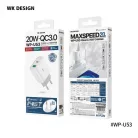 WEKOME® USB hálózati töltő adapter, 20W gyorstöltés, 1xUSB-A kimenet, 1xUSB-C kimenet, túlterhelés elleni védelem, fehér