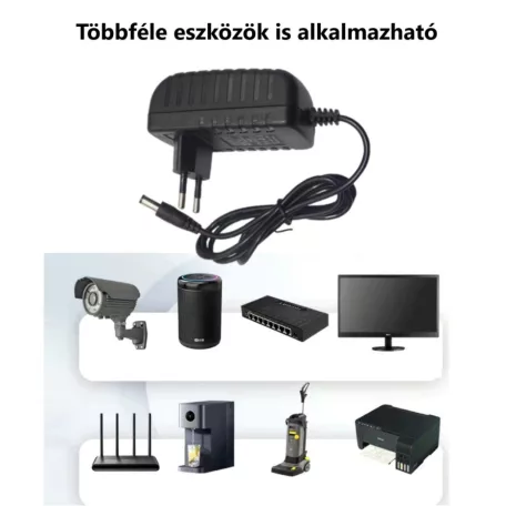 Univerzális hálózati adapter tápegység, 12V/2A kimenet, Ø5.5/2.5mm csatlakozó, fekete