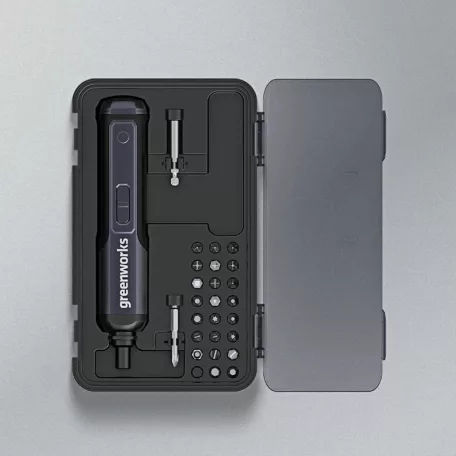 Greenworks® akkumulátoros csavarbehajtó, 25-db bitkészlettel, 3 fokozatos, 4V , 2000mAh Li-Ion akku, szürke