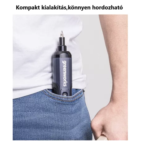 Greenworks® akkumulátoros csavarbehajtó, 25-db bitkészlettel, 3 fokozatos, 4V , 2000mAh Li-Ion akku, szürke
