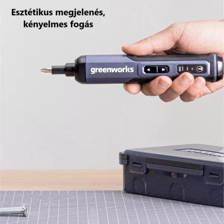 Greenworks® akkumulátoros csavarbehajtó, 25-db bitkészlettel, 3 fokozatos, 4V , 2000mAh Li-Ion akku, szürke