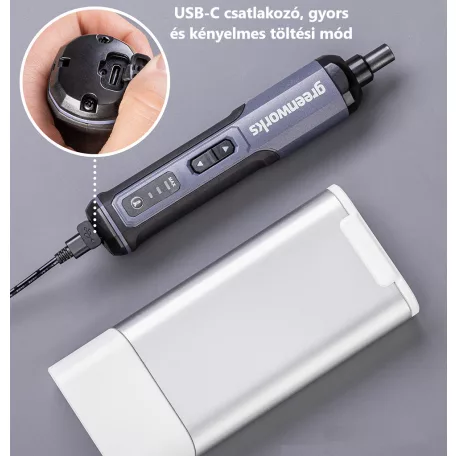 Greenworks® akkumulátoros csavarbehajtó, 25-db bitkészlettel, 3 fokozatos, 4V , 2000mAh Li-Ion akku, szürke