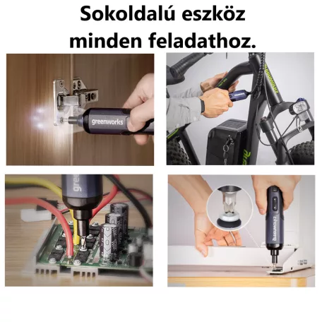 Greenworks® akkumulátoros csavarbehajtó, 25-db bitkészlettel, 3 fokozatos, 4V , 2000mAh Li-Ion akku, szürke