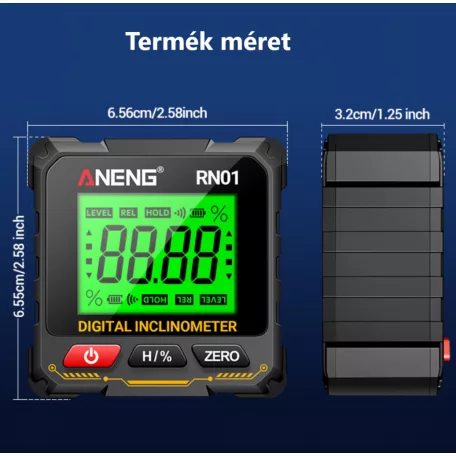 ANENG® multifunciós szögmérő, digitális dőlésmérő és vízszintmérő, LCD kijelző, háttérvilágítás, mágneses hátlap, fekete