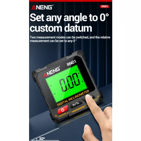 ANENG® multifunciós szögmérő, digitális dőlésmérő és vízszintmérő, LCD kijelző, háttérvilágítás, mágneses hátlap, fekete