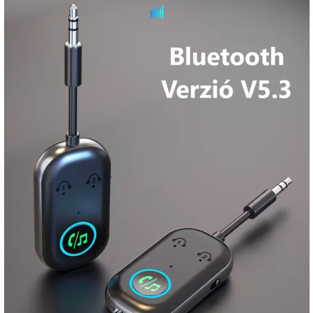 Bluetooth transzmitter adapter, BT V5.3, Jack 3.5mm, kihangositó, beépített mikrofon, kétirányú jelátvitel, Plug & Play, fekete