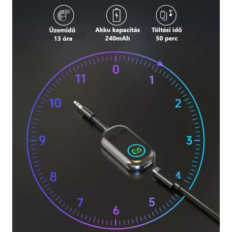 Bluetooth transzmitter adapter, BT V5.3, Jack 3.5mm, kihangositó, beépített mikrofon, kétirányú jelátvitel, Plug & Play, fekete