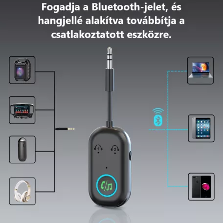Bluetooth transzmitter adapter, BT V5.3, Jack 3.5mm, kihangositó, beépített mikrofon, kétirányú jelátvitel, Plug & Play, fekete