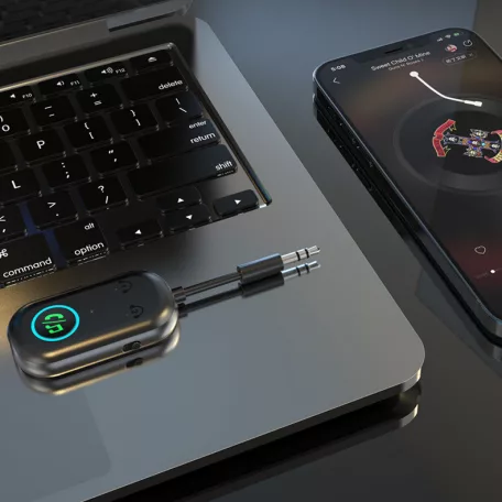 Bluetooth transzmitter adapter, BT V5.3, Jack 3.5mm, kihangositó, beépített mikrofon, kétirányú jelátvitel, Plug & Play, fekete