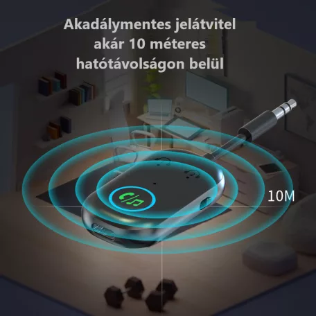 Bluetooth transzmitter adapter, BT V5.3, Jack 3.5mm, kihangositó, beépített mikrofon, kétirányú jelátvitel, Plug & Play, fekete