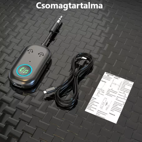 Bluetooth transzmitter adapter, BT V5.3, Jack 3.5mm, kihangositó, beépített mikrofon, kétirányú jelátvitel, Plug & Play, fekete