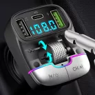 Autós bluetooth FM transzmitter, BT V5.3, kihangosító, beépített mikrofon, 3 port, PD 25W QC töltés, LED kijelző, RGB LED, fekete