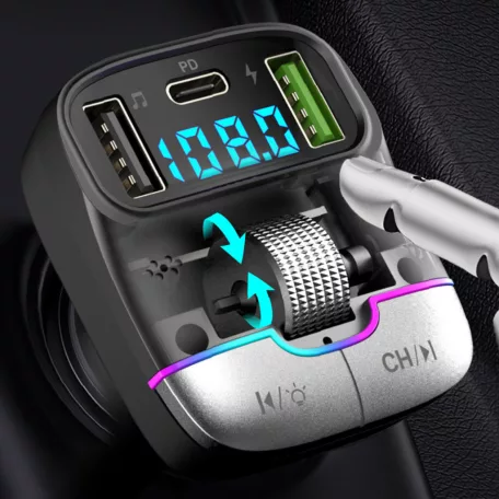 Autós bluetooth FM transzmitter, BT V5.3, kihangosító, beépített mikrofon, 3 port, PD 25W QC töltés, LED kijelző, RGB LED, fekete
