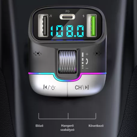 Autós bluetooth FM transzmitter, BT V5.3, kihangosító, beépített mikrofon, 3 port, PD 25W QC töltés, LED kijelző, RGB LED, fekete