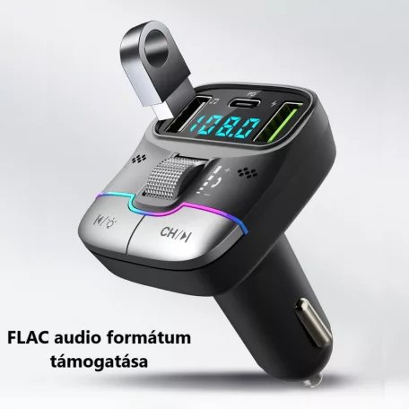 Autós bluetooth FM transzmitter, BT V5.3, kihangosító, beépített mikrofon, 3 port, PD 25W QC töltés, LED kijelző, RGB LED, fekete