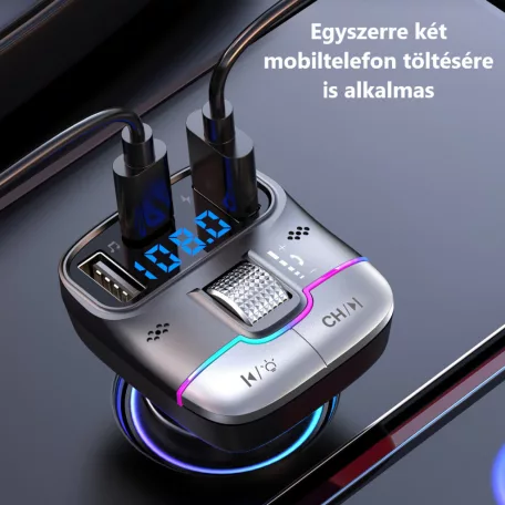 Autós bluetooth FM transzmitter, BT V5.3, kihangosító, beépített mikrofon, 3 port, PD 25W QC töltés, LED kijelző, RGB LED, fekete