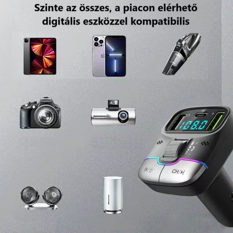 Autós bluetooth FM transzmitter, BT V5.3, kihangosító, beépített mikrofon, 3 port, PD 25W QC töltés, LED kijelző, RGB LED, fekete