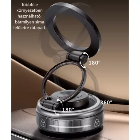 Univerzális autós telefontartó, MagSafe kompatibilis, vákuumos tapadókoronggal, műszerfalra, 360°-ban forgatható, szürke