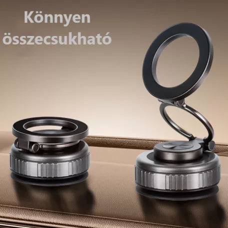 Univerzális autós telefontartó, MagSafe kompatibilis, vákuumos tapadókoronggal, műszerfalra, 360°-ban forgatható, szürke