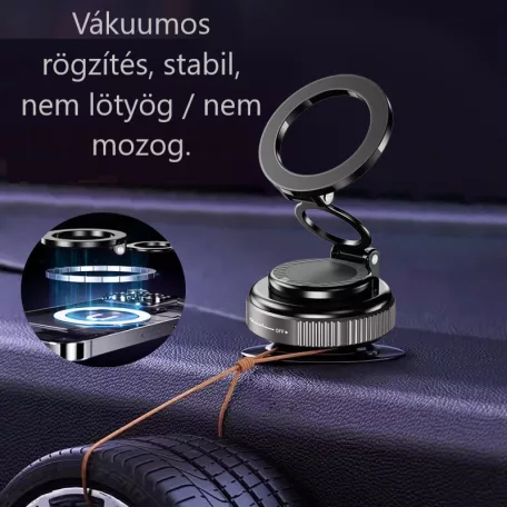 Univerzális autós telefontartó, MagSafe kompatibilis, vákuumos tapadókoronggal, műszerfalra, 360°-ban forgatható, szürke