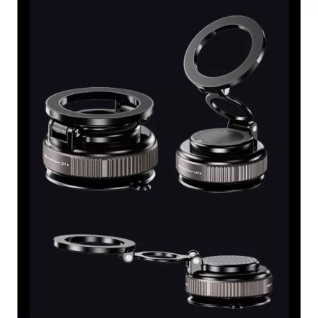 Univerzális autós telefontartó, MagSafe kompatibilis, vákuumos tapadókoronggal, műszerfalra, 360°-ban forgatható, szürke