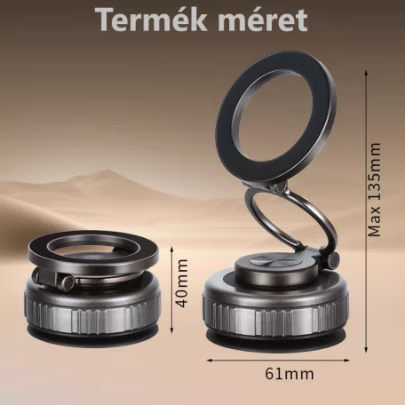 Univerzális autós telefontartó, MagSafe kompatibilis, vákuumos tapadókoronggal, műszerfalra, 360°-ban forgatható, szürke