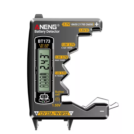 ANENG® Digitális Elemteszter, LCD kijelző, akkumulátor-/elemfeszültség-mérő,1.5V-12V, hátralévő kapacitás kijelzés, szürke