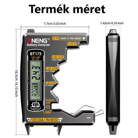 ANENG® Digitális Elemteszter, LCD kijelző, akkumulátor-/elemfeszültség-mérő,1.5V-12V, hátralévő kapacitás kijelzés, szürke