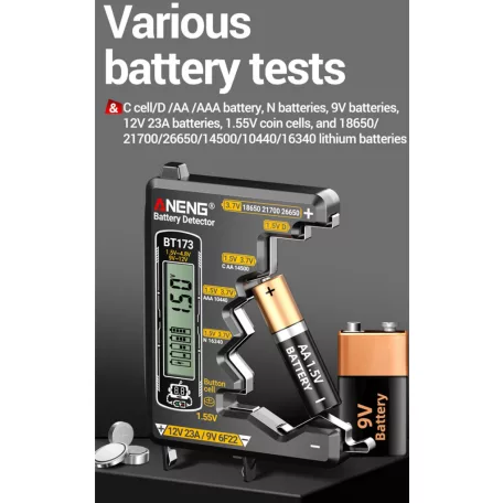 ANENG® Digitális Elemteszter, LCD kijelző, akkumulátor-/elemfeszültség-mérő,1.5V-12V, hátralévő kapacitás kijelzés, szürke