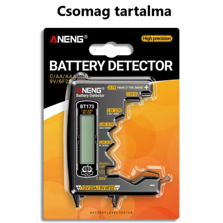 ANENG® Digitális Elemteszter, LCD kijelző, akkumulátor-/elemfeszültség-mérő,1.5V-12V, hátralévő kapacitás kijelzés, szürke
