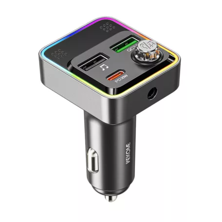 Wekom® autós FM transzmitter, bluetooth V5.3, beépített mikrofon, PD 30W, QC 3.0, Max.48W, RGB LED, szürke