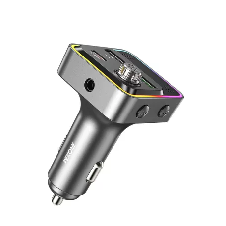 Wekom® autós FM transzmitter, bluetooth V5.3, beépített mikrofon, PD 30W, QC 3.0, Max.48W, RGB LED, szürke