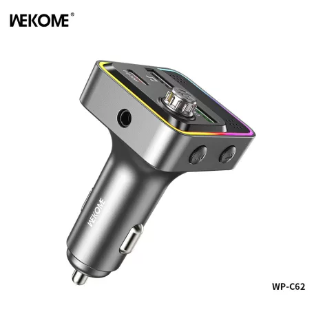 Wekom® autós FM transzmitter, bluetooth V5.3, beépített mikrofon, PD 30W, QC 3.0, Max.48W, RGB LED, szürke