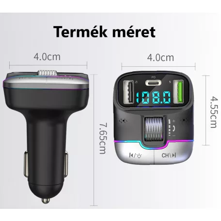 Wekom® autós FM transzmitter, bluetooth V5.3, beépített mikrofon, PD 30W, QC 3.0, Max.48W, RGB LED, szürke