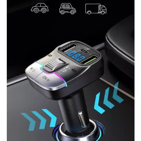 Wekom® autós FM transzmitter, bluetooth V5.3, beépített mikrofon, PD 30W, QC 3.0, Max.48W, RGB LED, szürke