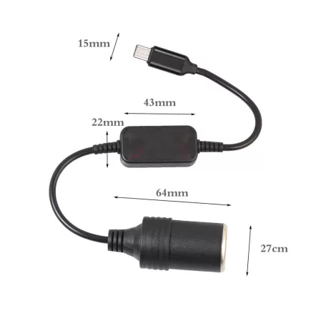 Tysin® szivargyújtós átalakító adapter, USB feszültségnövelő kábel 5V→12V/1A/12W, fekete