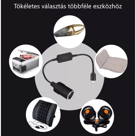 Tysin® szivargyújtós átalakító adapter, USB feszültségnövelő kábel 5V→12V/1A/12W, fekete