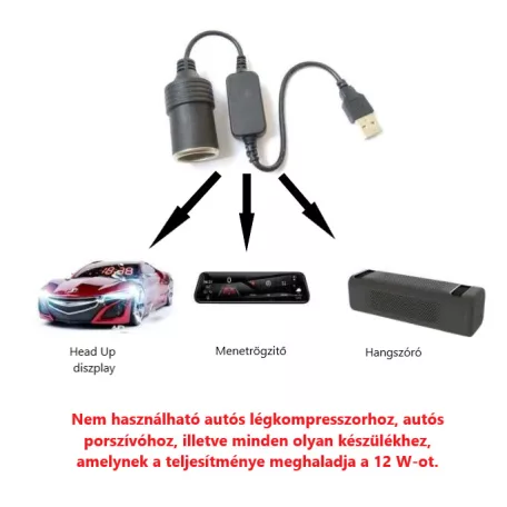 Tysin® szivargyújtós átalakító adapter, USB feszültségnövelő kábel 5V→12V/1A/12W, fekete