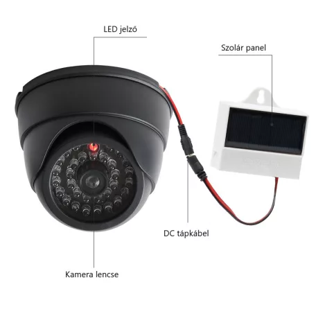RDC® Kültéri biztonsági álkamera, valódi kameraforma, napelemes, villogó piros LED-del, fekete