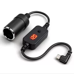   HANJUN® szivargyújtó adapter átalakító, állítható feszültség, kijelzővel, 5V→9V / 12V / 15V / 20V, 60cm, fekete
