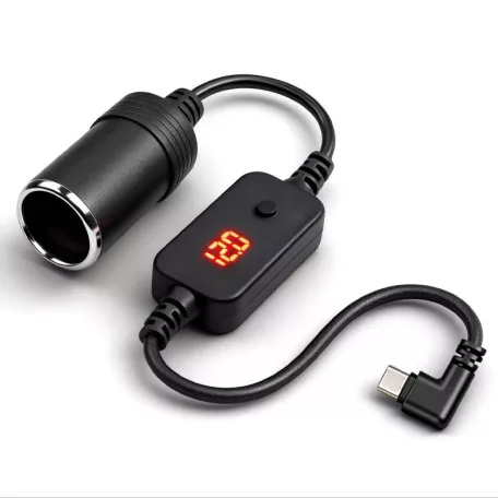 HANJUN® szivargyújtó adapter átalakító, állítható feszültség, kijelzővel, 5V→9V / 12V / 15V / 20V, 60cm, fekete